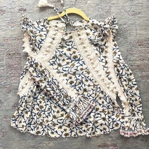 Vine print Pom Pom Eyelet Flutter Sleeve Top SEA NEW YORK Blouse Women's Size 2